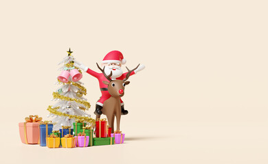 Santa claus with reindeer,gift box,christmas tree isolated on beige background.website,poster or happiness cards,festive New Year concept,3d illustration or 3d render
