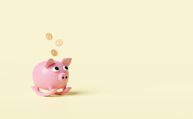 pink piggy bank with coin isolated on yellow background.saving money concept,3d illustration,3d render