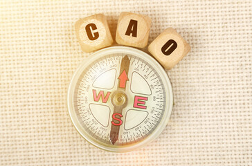 On the table is a compass and cubes with the inscription - CAO