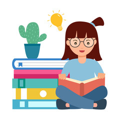 Girl child reading book with stack of books  in flat design. Reading time concept vector illustration. I love reading. Knowledge is power.