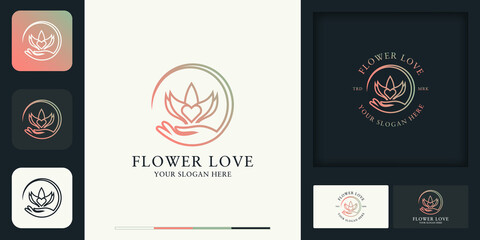 hand flower love combination logo and business card design