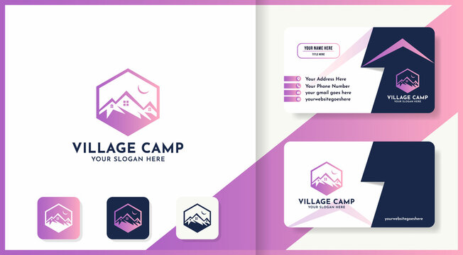 mountain house hexagon logo design use line art concept and business card
