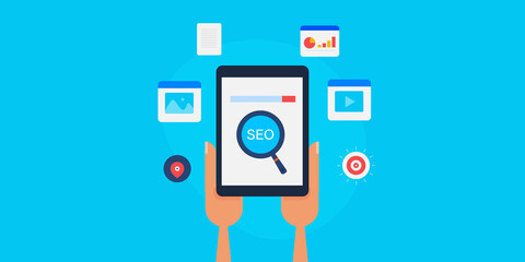 Businessman, hand holding tablet magnifying glass with seo text on screen. Internet content displaying, advertising, digital marketing SEO optimization concept. Web banner template.