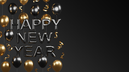 Happy new year 2022 with black gift boxes balloons and confetti 3d render illustrations