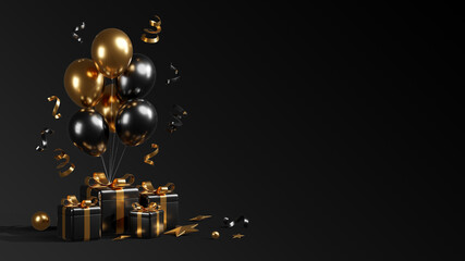 Happy new year 2022 with black gift boxes balloons and confetti 3d render illustrations