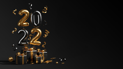 Happy new year 2022 with black gift boxes balloons and confetti 3d render illustrations