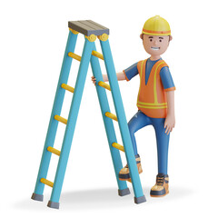 construction worker wearing safety helmet and vest holding ladder 3D render illustration © nawaittgraph