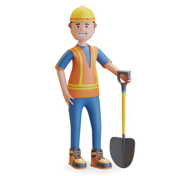 construction worker wearing safety helmet and vest holding shovel 3D render illustration