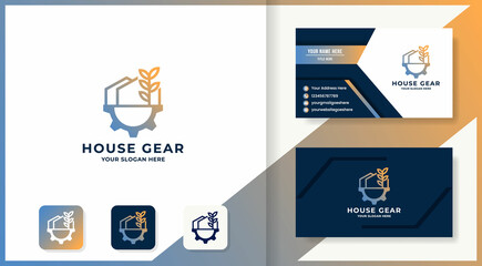 tree gear house combination logo and business card
