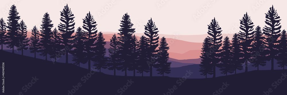 Poster tree silhouette at mountain landscape vector illustration design for wallpaper design, design template, background template, and tourism design template