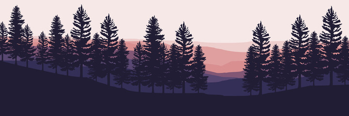 tree silhouette at mountain landscape vector illustration design for wallpaper design, design template, background template, and tourism design template - obrazy, fototapety, plakaty