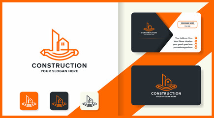 construction sketch logo with pen longitudinally and business card design