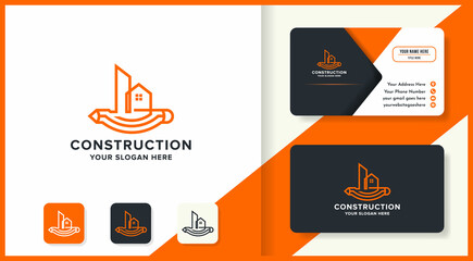construction sketch logo with pen longitudinally and business card design