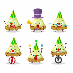 Cartoon character of slice of key lime pie with various circus shows