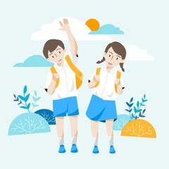 Boy and girl with school uniform ready back to school. Education concept. Hand draw style. Vector illustration.