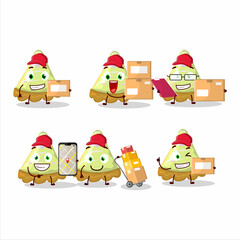 Cartoon character design of slice of key lime pie working as a courier
