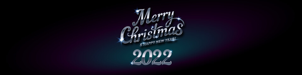 Merry Christmas Lettering for Invitation and Greeting Card, Prints, and Posters with Silver Bokeh Number 2022. Calligraphic Design on Black