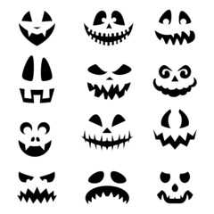 Pumpkin Emojis. Halloween Devil Faces Silhouettes Collection. Spooky Creatures with evil Eyes, Teeth, and Creepy Smiles Set on White Background