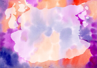 Multicolored Watercolor hand drawn abstract background. Orange, violet, red and purple colorful Spots and Splashes texture. Light Drop on dark Backgrounds. Watercolour Backdrop of Spot for packaging