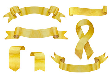 Set of watercolor gold ribbons. Old scroll paper, rolled banner. Gold abstract ribbons banners