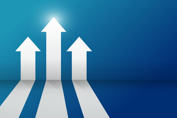 business arrow blue background   target direction concept to success. Finance growth vision stretching rising up. banner flat style vector. Returns, higher profits