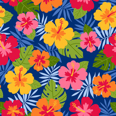 Hibiscus and tropical leaf vector seamless pattern background.