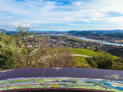 Magnificent landscape on the valley of the Durance from the orientation table located at the top of the hill Saint-Jacques in Cavaillon in the department of Vaucluse in Provence in France 