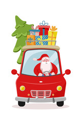 Chrismas car with Santa Claus as the driver with gifts and tree. Flat cartoon style vector illustration.