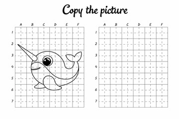 Copy the picture. Draw by grid. Coloring book pages for kids. Handwriting practice, drawing skills training. Education developing printable worksheet. Activity page. Cute cartoon vector illustration. © Jexy