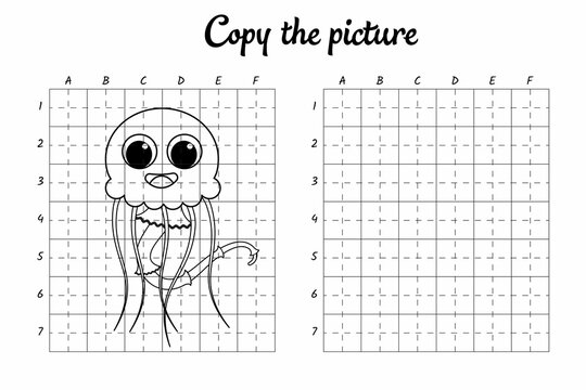 Copy the picture. Draw by grid. Coloring book pages for kids. Handwriting practice, drawing skills training. Education developing printable worksheet. Activity page. Cute cartoon vector illustration.