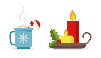 Set of Christmas decor. Candles on a stand with mistletoe, mug of cocoa with marshmallow and lollipop. Cute stickers. Flat cartoon style vector illustration.