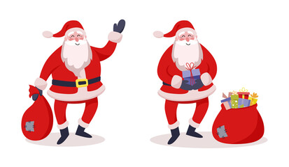 Set of two santa claus. Cheerful santa claus is standing with a bag in his hands. Santa holds a gift in his hands, there is a sack with gifts next to him. Flat cartoon style vector illustration.