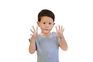 Portrait of Asian little boy showing two palm of hands isolated on white background.