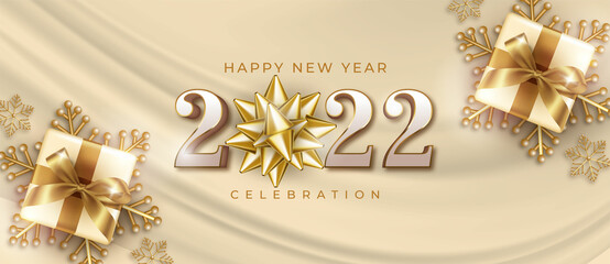 Fototapeta na wymiar Happy new year realistic banner with realistic 3d gold round bow ribbon