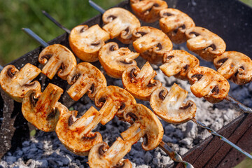 Barbecue skewers with grilled champignon mushroom kebab in a brazier
