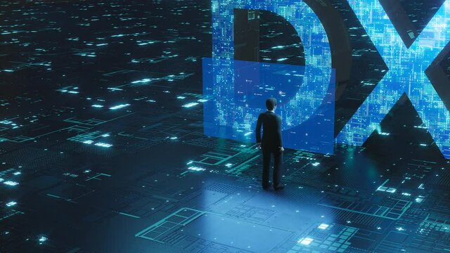 DXに向き合うビジネスマン / DX・デジタルトランスフォーメーション・ITとビッグデータ・未来志向のイノベーションのコンセプトイメージ / ドローン空撮風の3Dモーショングラフィックス