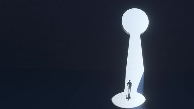 巨大な鍵穴の形をした出口に向かって歩くビジネスマン / 問題解決・成功への扉・鍵穴とキーパーソンのコンセプトイメージ / ドローン空撮風の3Dモーショングラフィックス
