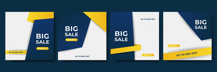 Editable sale square banner template. Blue and yellow background color with stripe line shape. Suitable for social media post, instagram and web internet ads. Vector illustration with photo college