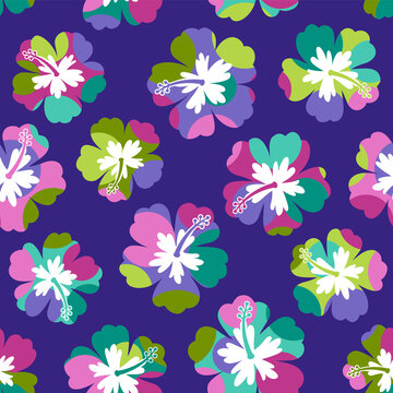 Colorful hibiscus and dot seamless pattern background.