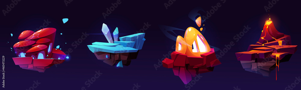 Poster fantasy flying islands for 2d ui game design. vector cartoon set of platforms of rock pieces with vo