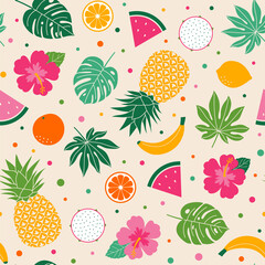 Hibiscus flowers, fruits and palm leaves seamless pattern with dot background.