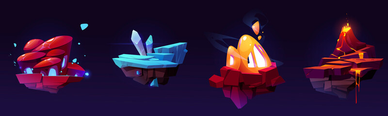 Fantasy flying islands for 2d ui game design. Vector cartoon set of platforms of rock pieces with volcano, lava and magic crystals. Graphic assets for game or mobile app with floating islands © klyaksun