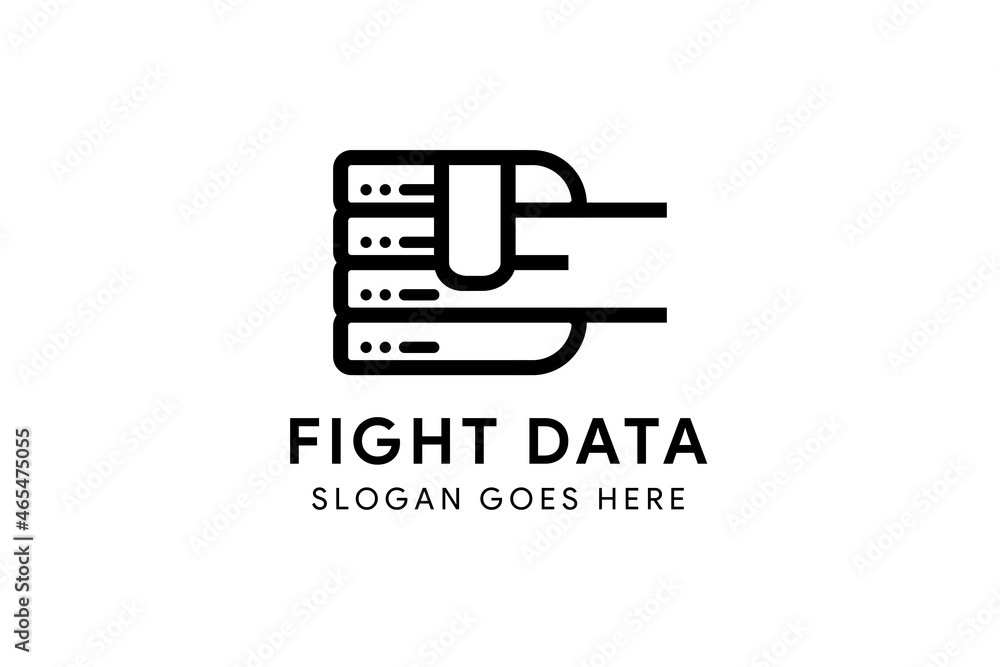 Poster fight data logo design template in white and black. the icons combination between hand holding and d