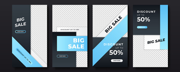 Stories template set for banner sale promotion, presentation, flyer, poster, invitation. Web banner templates for big and mega sale with geometric elements and photo college. Vector illustration.