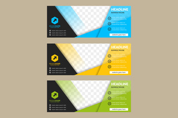 Template set of web banners standard size with a place for images or photo collage. Design abstract geometric background bright and flat colors show. Horizontal mock up. Vector illustration