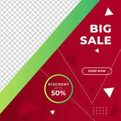 Vector square web banner templates for big and mega sale with geometric elements. Suitable for social media post, instagram and web internet ads. Vector illustration with photo college