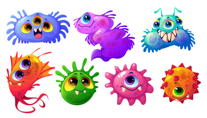 Cute bacteria, germ and virus characters isolated on white background. Vector cartoon set of funny bacterium, microorganism and biology cell with flagella and faces