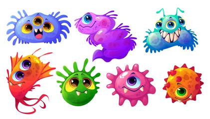 Fotobehang Cute bacteria, germ and virus characters isolated on white background. Vector cartoon set of funny bacterium, microorganism and biology cell with flagella and faces © klyaksun