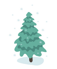 Christmas tree in the forest, falling snowflakes. Flat vector illustration for children. Cartoon new year icon.