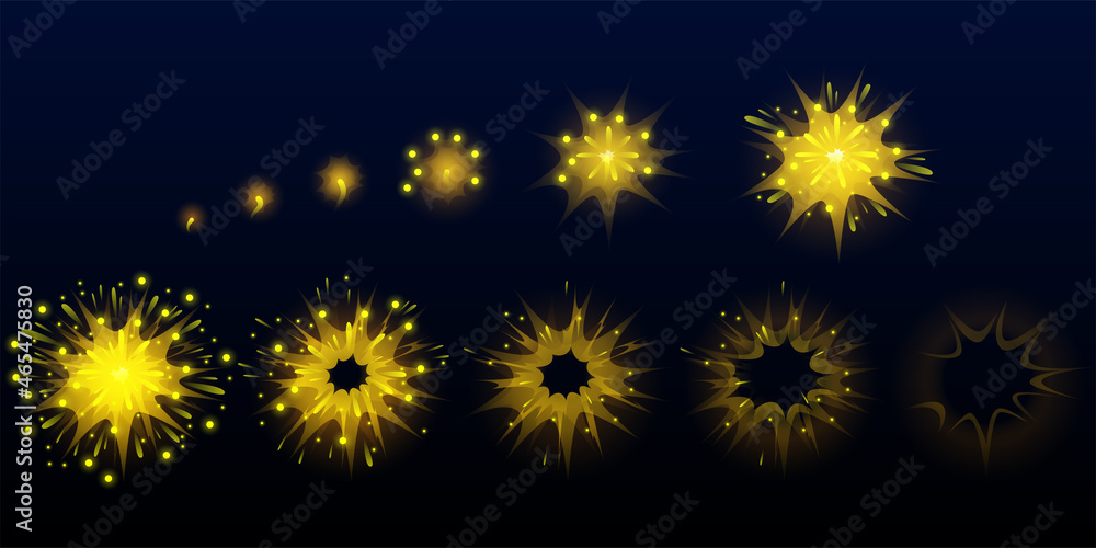 Poster game fireworks, yellow explode effect burst sprites for animation. user interface ui or gui elements